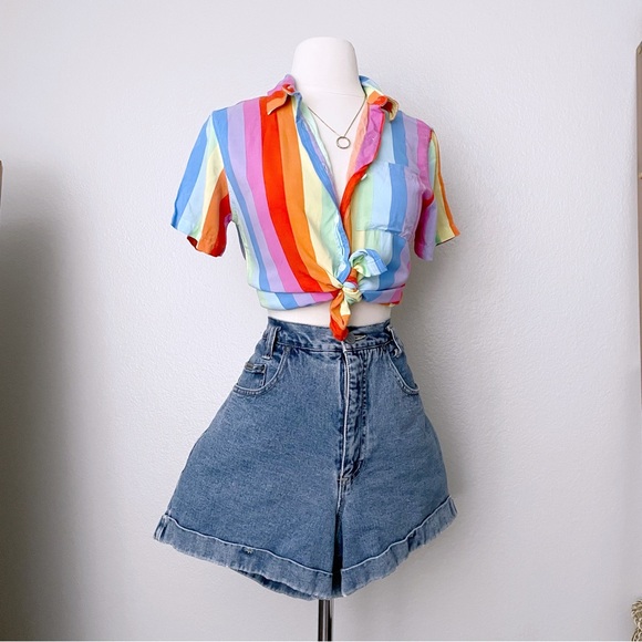 Forever 21 Tops - Multicolor Rainbow Vertical Striped Button Front Top